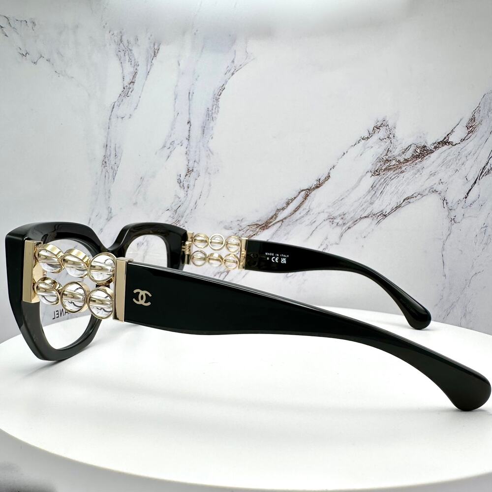 New CHANEL Eyeglasses Black Gold Cat Eye Clear Rotating Pearls 52mm - Picture 11 of 15